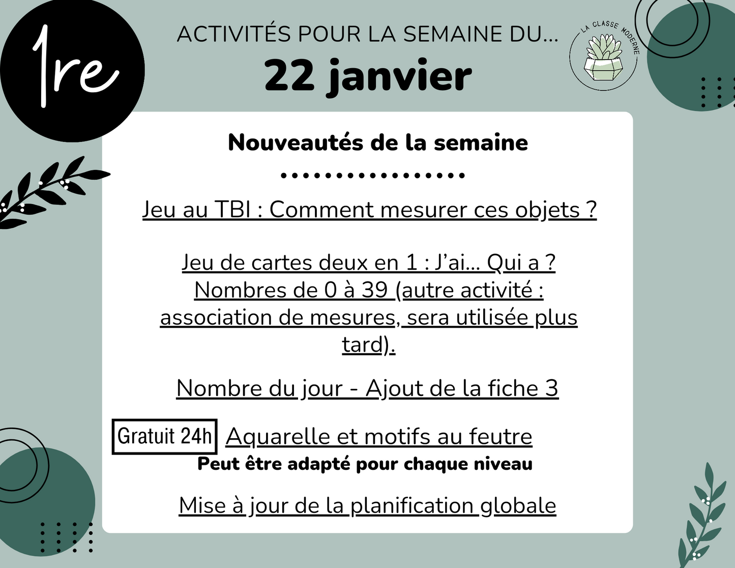 Listes des activités de la semaine par niveau (Semaine du 22 janvier)