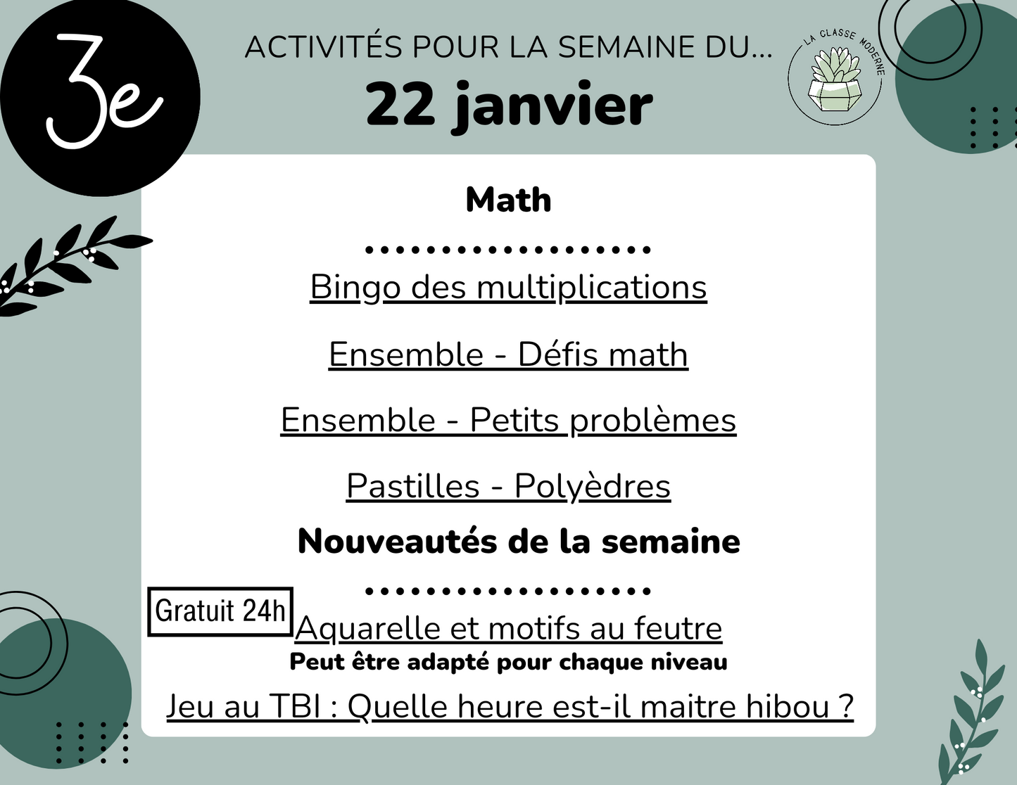 Listes des activités de la semaine par niveau (Semaine du 22 janvier)