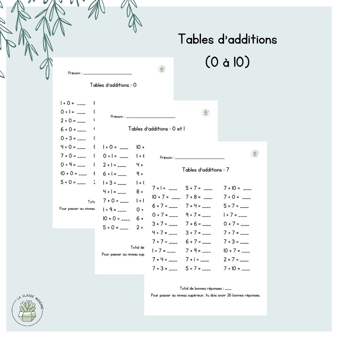 GRANDISSANT - Les tables d'additions - 0 à 10