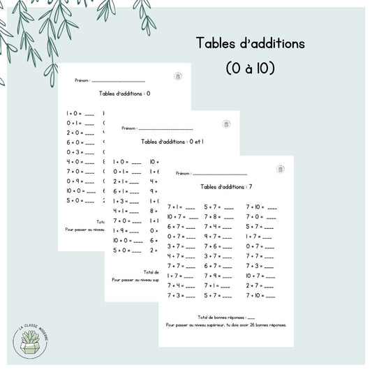 GRANDISSANT - Les tables d'additions - 0 à 10