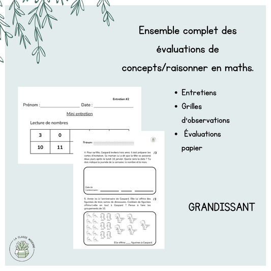 Ensemble GRANDISSANT - Évaluations en maths (concepts/raisonner) - 1re année