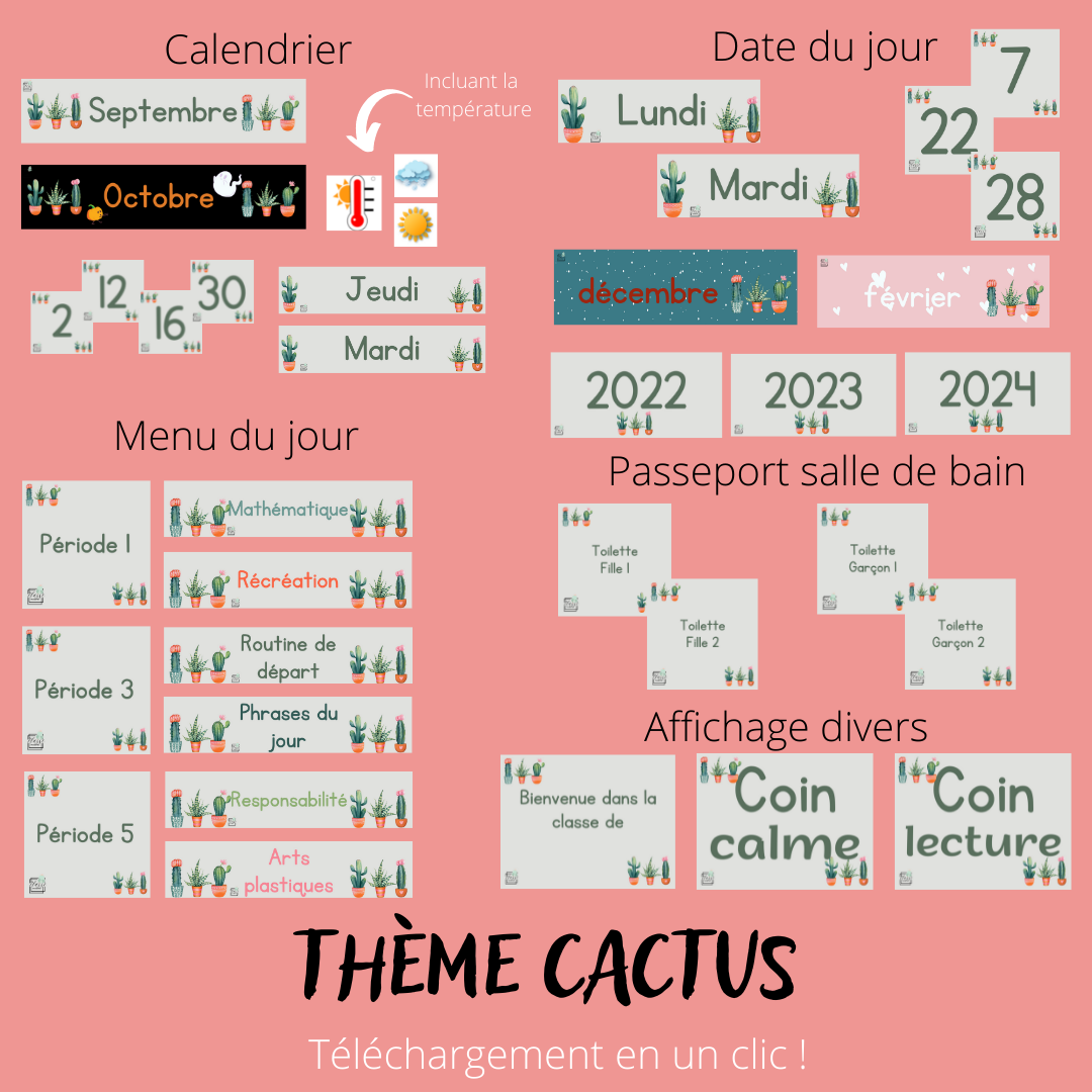 Kit complet - Thème de classe Cactus (téléchargeable)